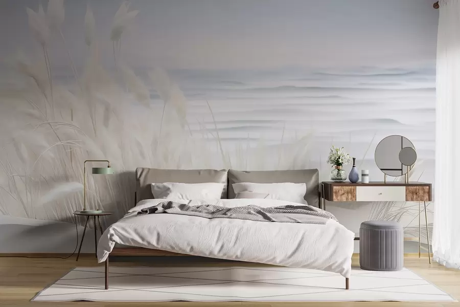 wall murals Landscape with white pampas grass on a sand dune, with a light blue ocean in the background, soft, minimalist style w09132