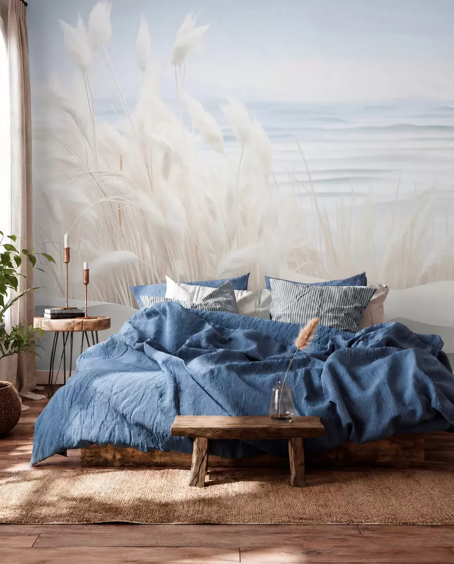 wall murals Landscape with white pampas grass on a sand dune, with a light blue ocean in the background, soft, minimalist style w09132