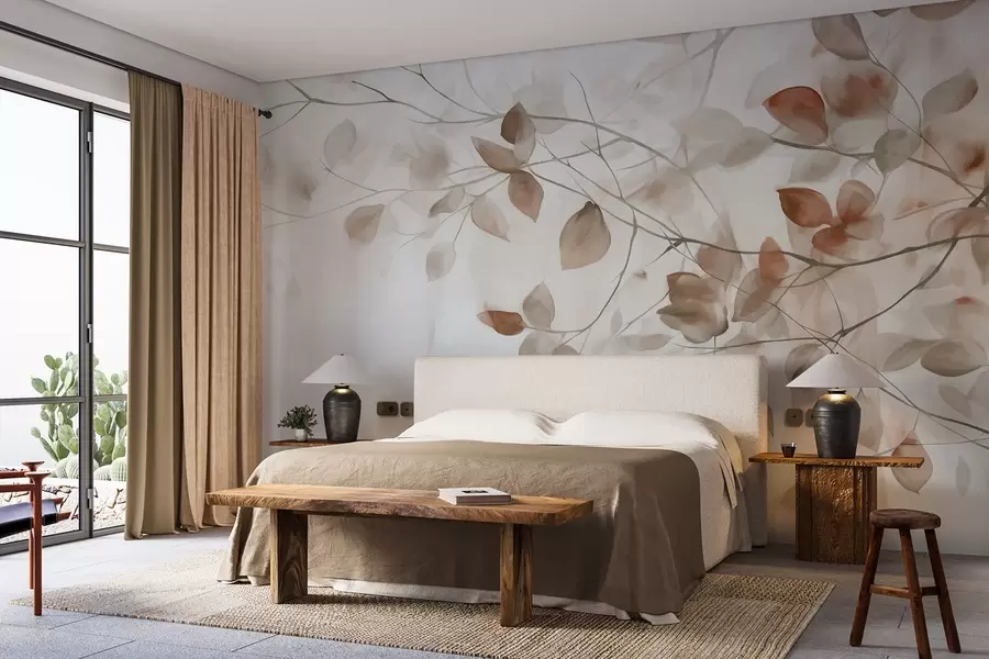 wall murals Textural watercolor painting imitation of brown leaves and branches, soft colors, delicate details against a white background w09133