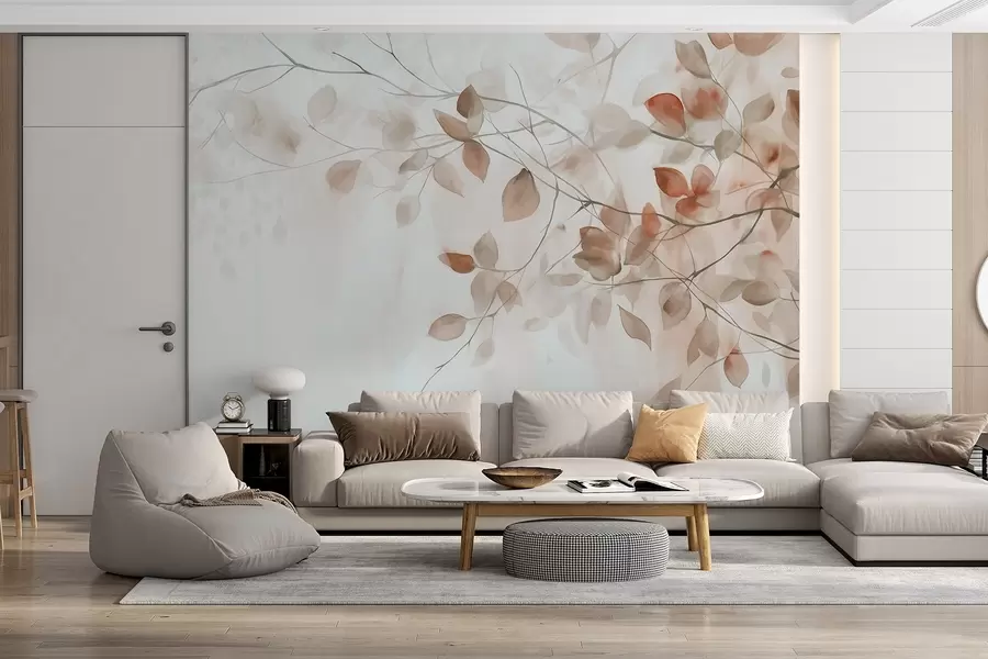 wall murals Textural watercolor painting imitation of brown leaves and branches, soft colors, delicate details against a white background w09133