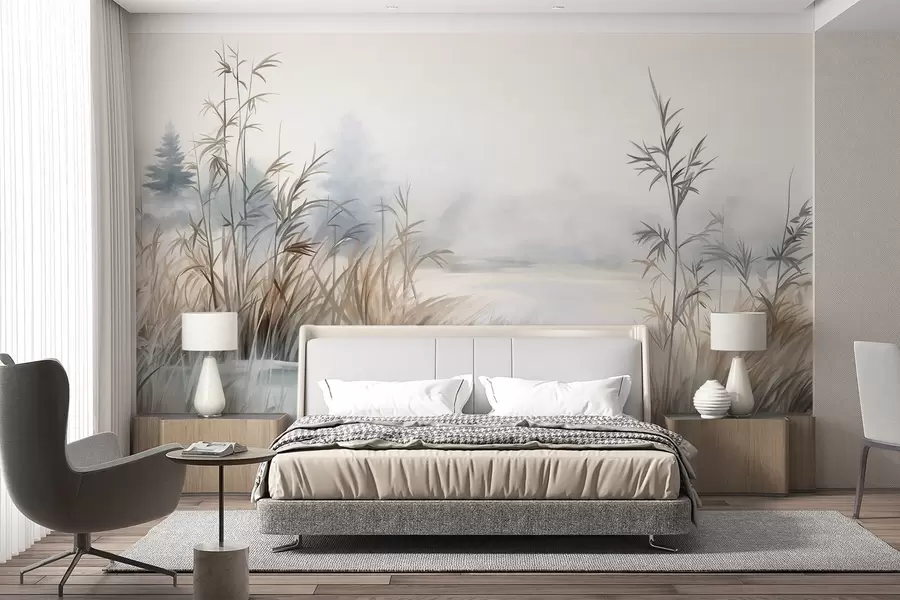wall murals Textured landscape of a lake with tall grasses in the foreground, soft blue and brown, calm water, trees in the distance w09137