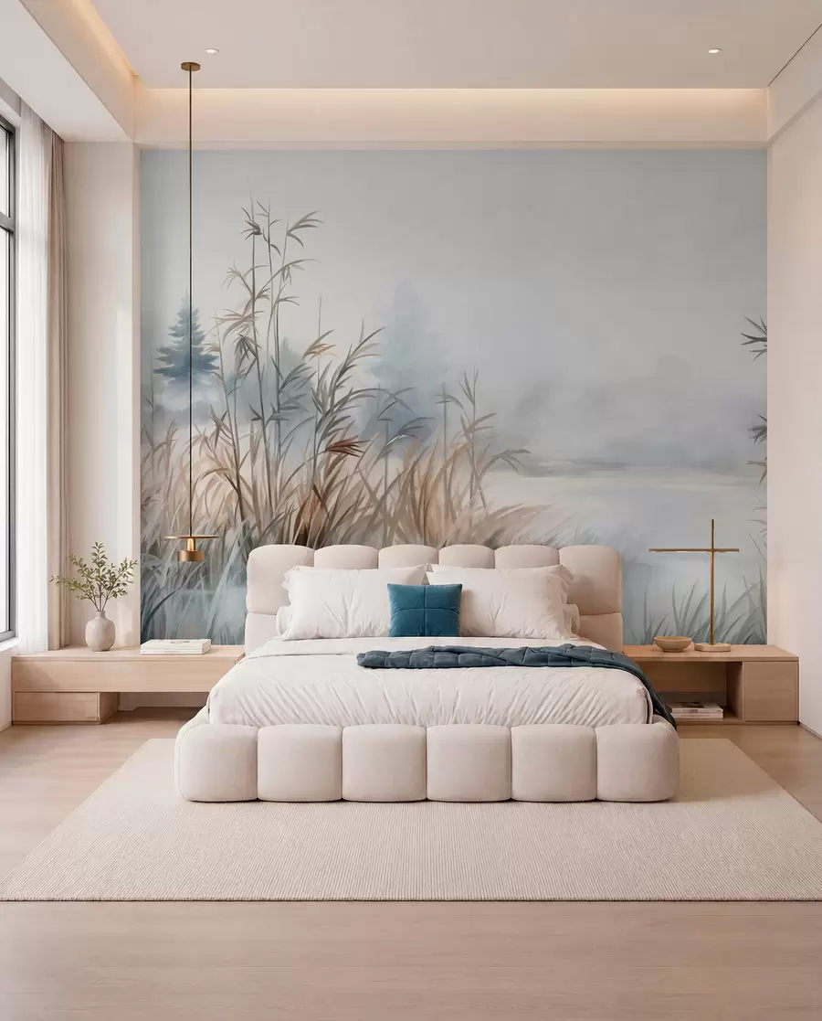 wall murals Textured landscape of a lake with tall grasses in the foreground, soft blue and brown, calm water, trees in the distance w09137