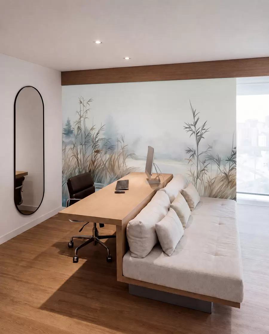wall murals Textured landscape of a lake with tall grasses in the foreground, soft blue and brown, calm water, trees in the distance w09137