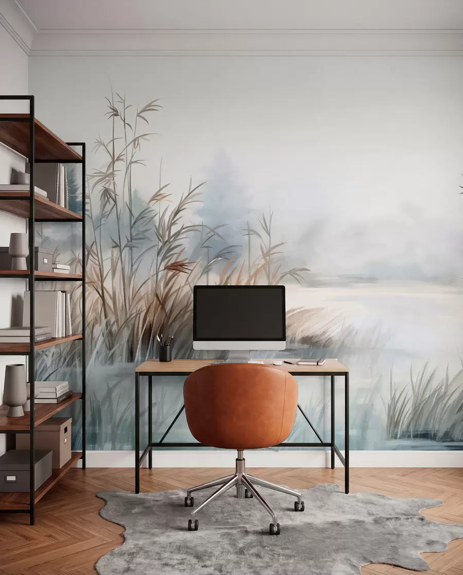 wall murals Textured landscape of a lake with tall grasses in the foreground, soft blue and brown, calm water, trees in the distance w09137
