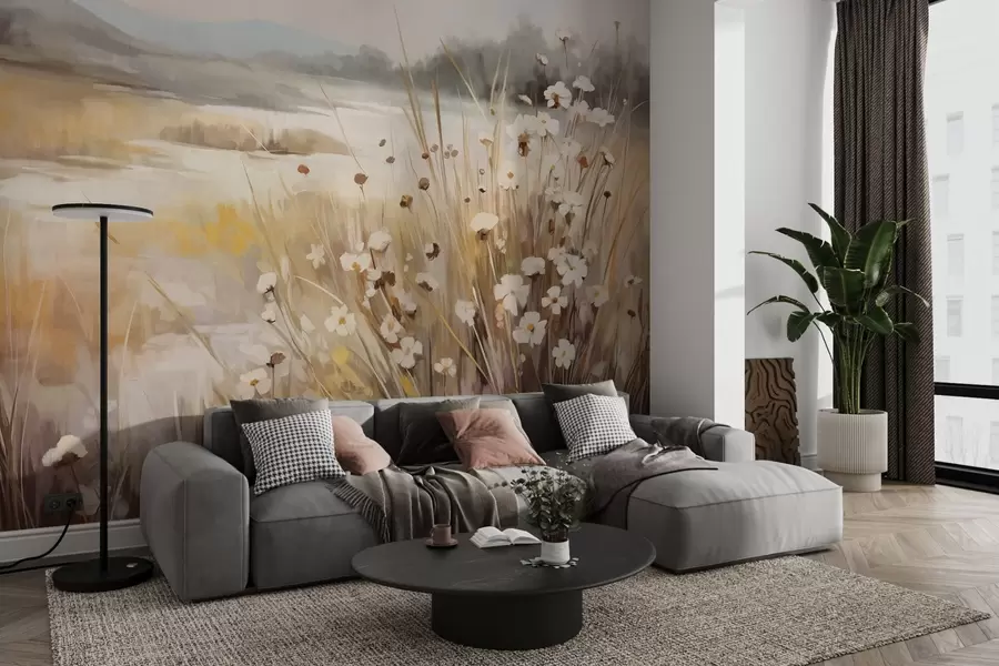 wall murals Field of tall grass and white daisies, trees in the background, under a cloudy sky, textured landscape, soft brushstrokes w09139