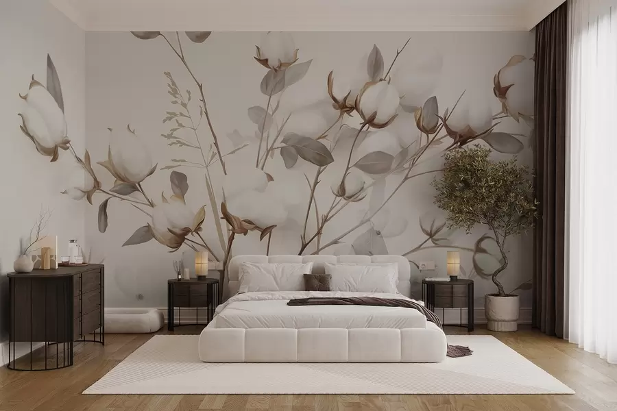 wall murals Cotton flowers with stems and leaves in a light brown color palette, beige background, soft and delicate, watercolor style w09141