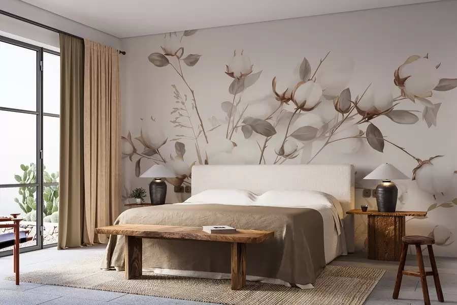 wall murals Cotton flowers with stems and leaves in a light brown color palette, beige background, soft and delicate, watercolor style w09141