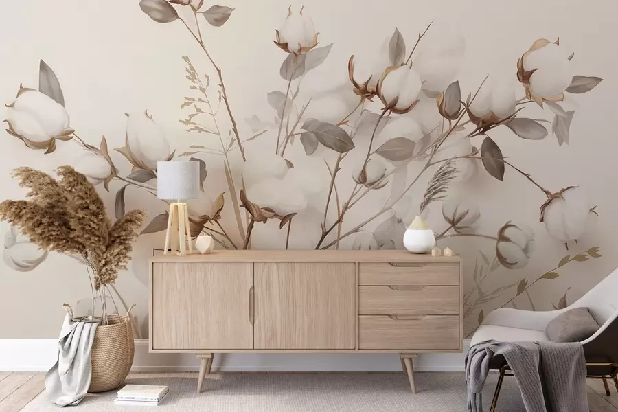 wall murals Cotton flowers with stems and leaves in a light brown color palette, beige background, soft and delicate, watercolor style w09141