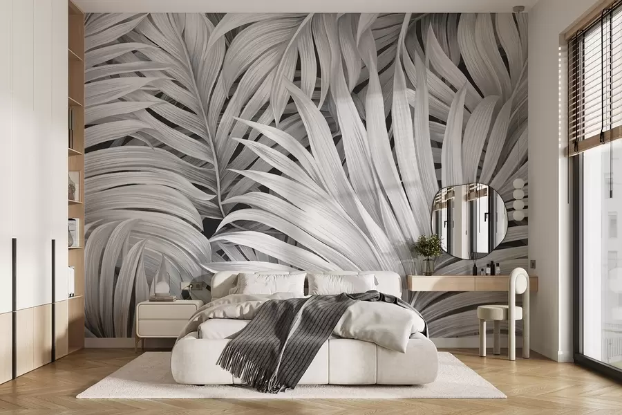 wall murals Monochrome textured tropical palm leaves, creating a tropical and botanical print w09145