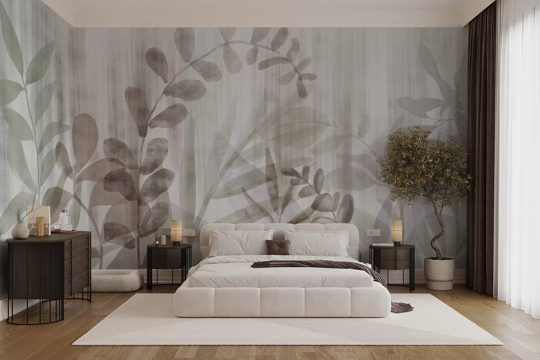 wall murals Watercolor painting imitation of plants with multicolor muted leaves, light background with vertical lines, botanical illustration w09146v1