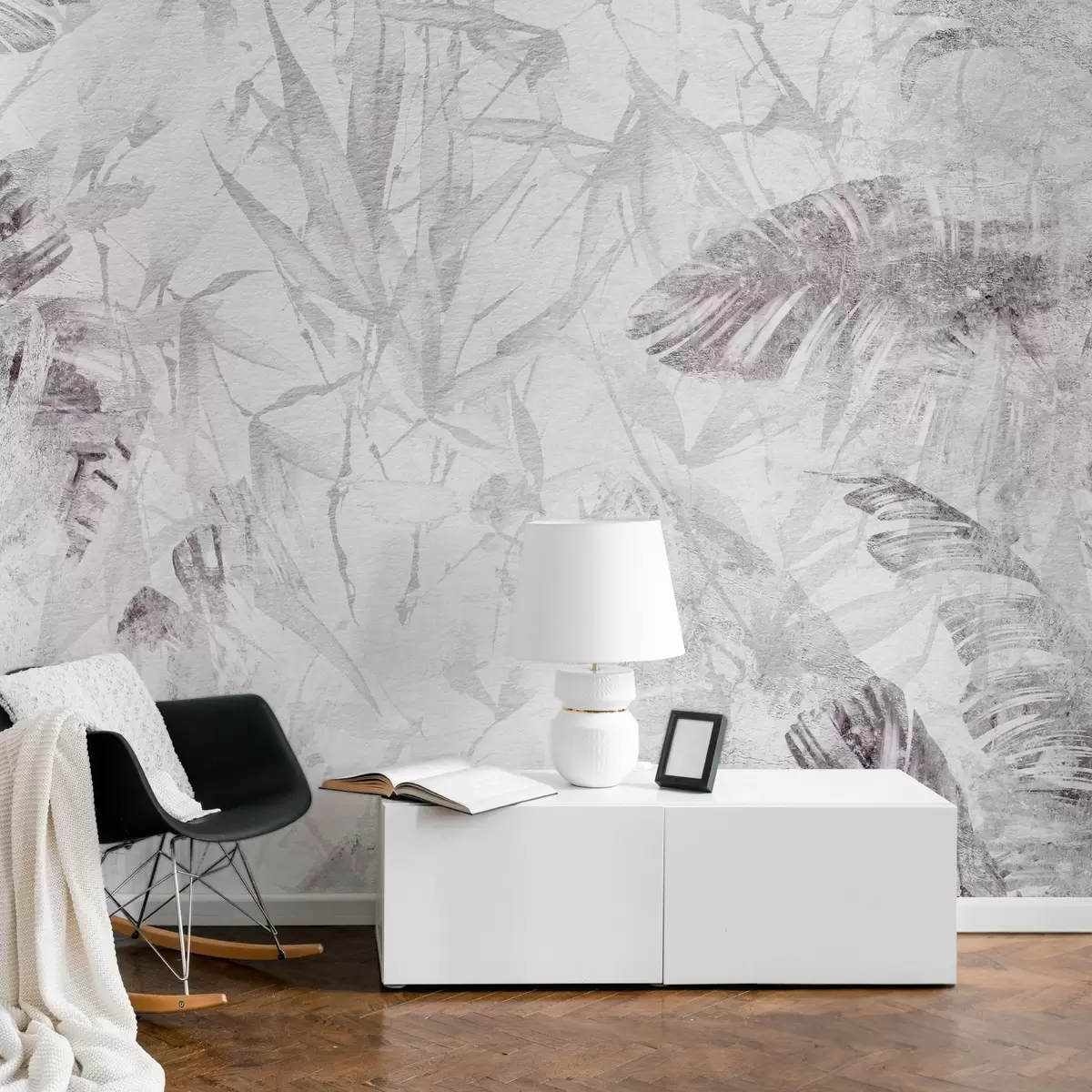 wall murals Floral abstraction in grunge style with imitation of abrasion, shades of purple w03926v1