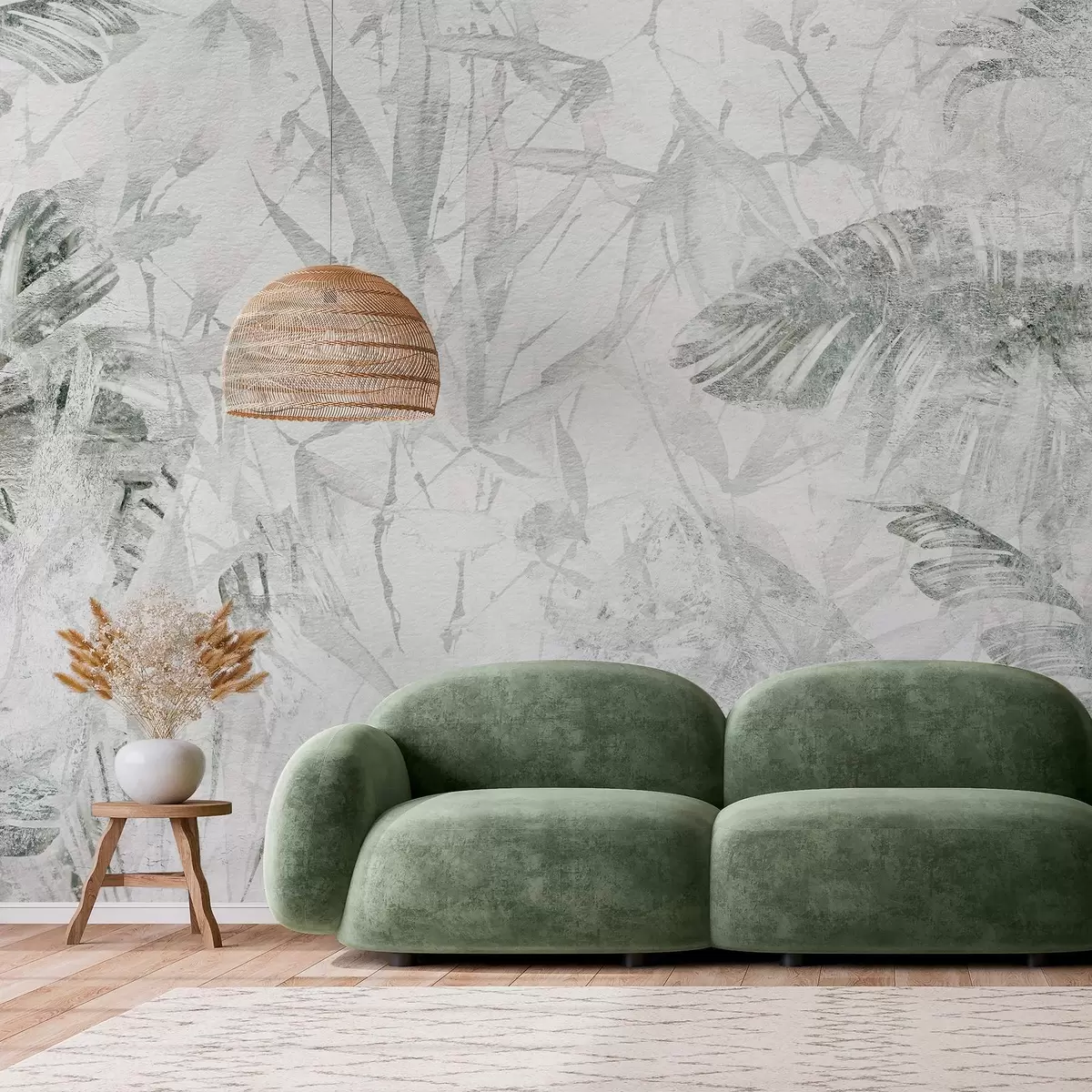 wall murals Floral abstraction in grunge style with imitation of abrasion, shades of green w03926v2