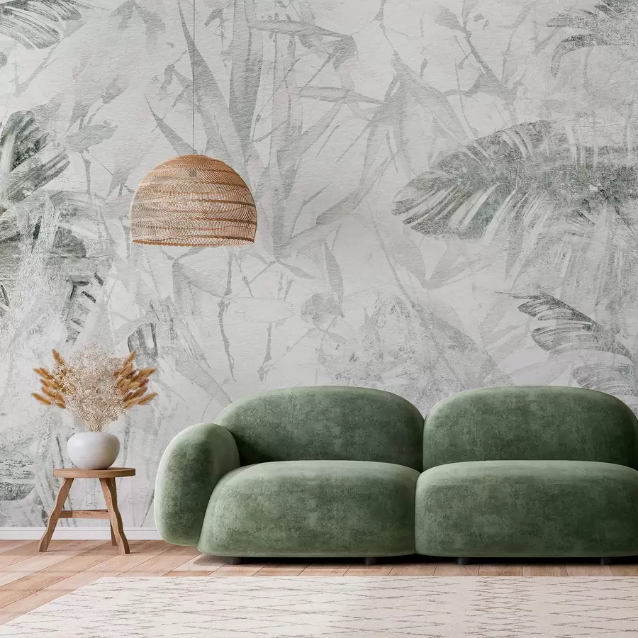 wall murals Floral abstraction in grunge style with imitation of abrasion, shades of green w03926v2