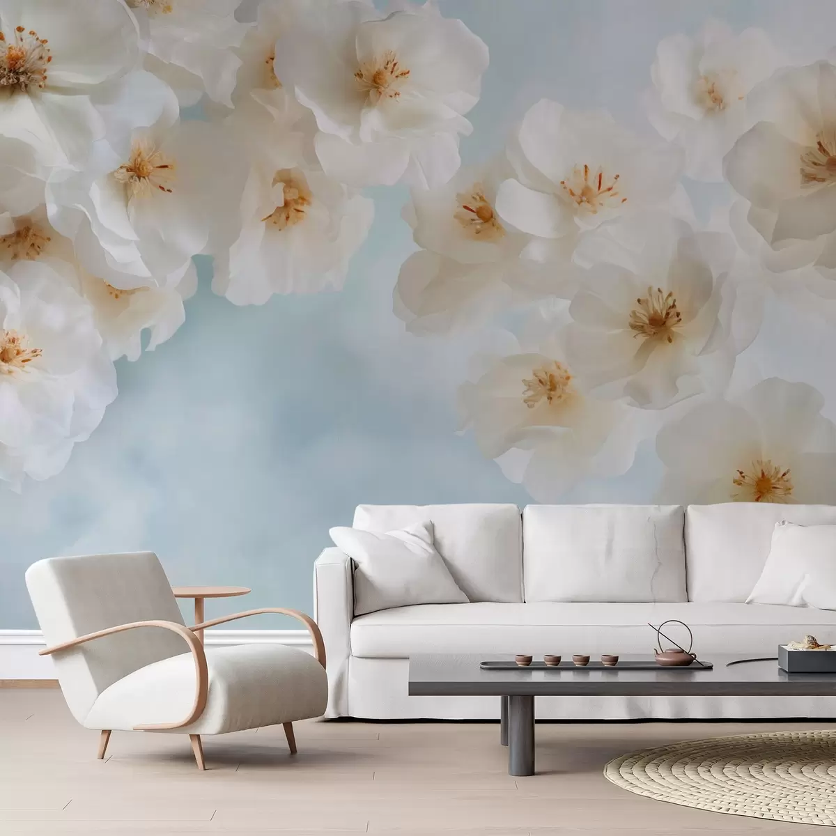 wall murals Delicate large flowers on a light blue background w03931v1