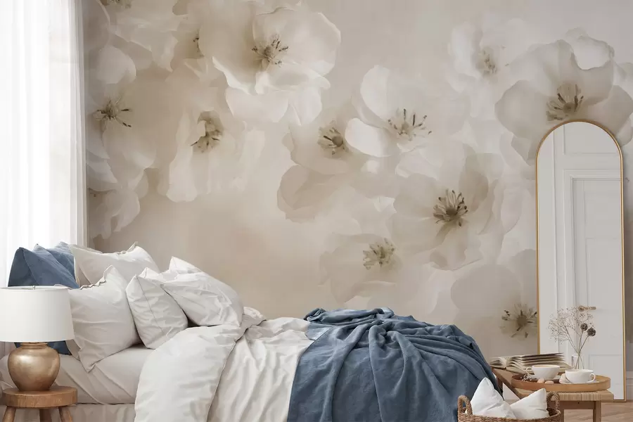 wall murals Delicate large flowers, shades of beige w03931v2