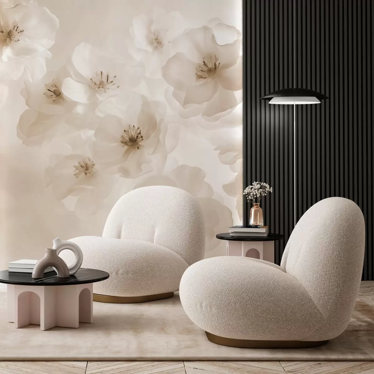 wall murals Delicate large flowers, shades of beige w03931v2