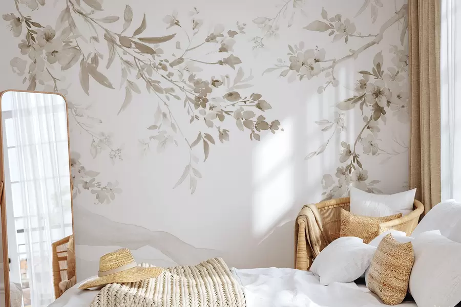wall murals Flowering branches, imitation of watercolor, beige shades w03935v2