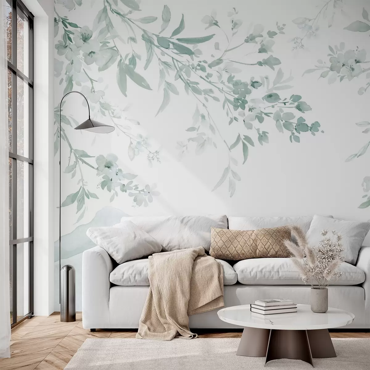 wall murals Flowering branches, imitation of watercolor, green shades w03935v3