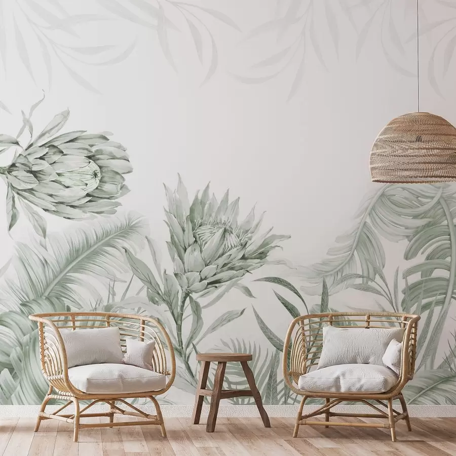 wall murals Protea among tropical leaves, blue shades w03952v3