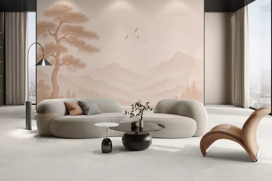 wall murals panorama of hills with a large tree in mocha shades w04033v1