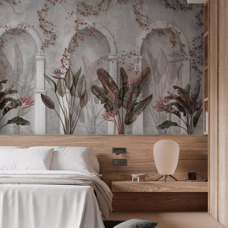 wall murals Concrete wall with arches and tropical plants, floral, burgundy colors w04065v1