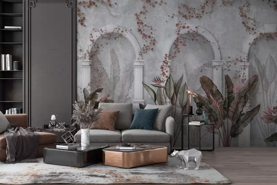 wall murals Concrete wall with arches and tropical plants, floral, burgundy colors w04065v1