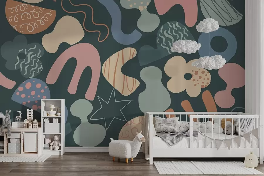 wall murals Geometric figures with doodles drawing, juvenile, dark green background w04068v3