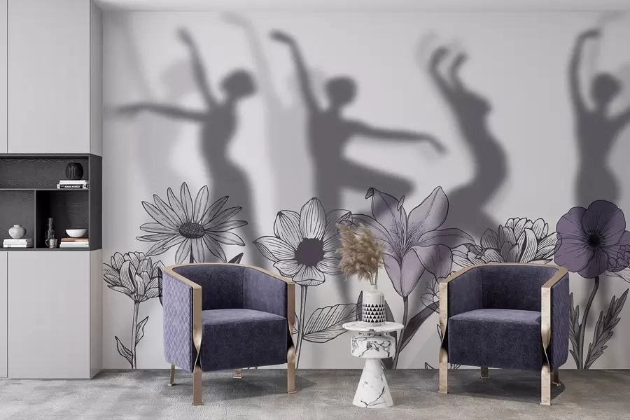 wall murals Ballerinas silhouettes, rustic flowers, line art, grey and purple colors w04069v2