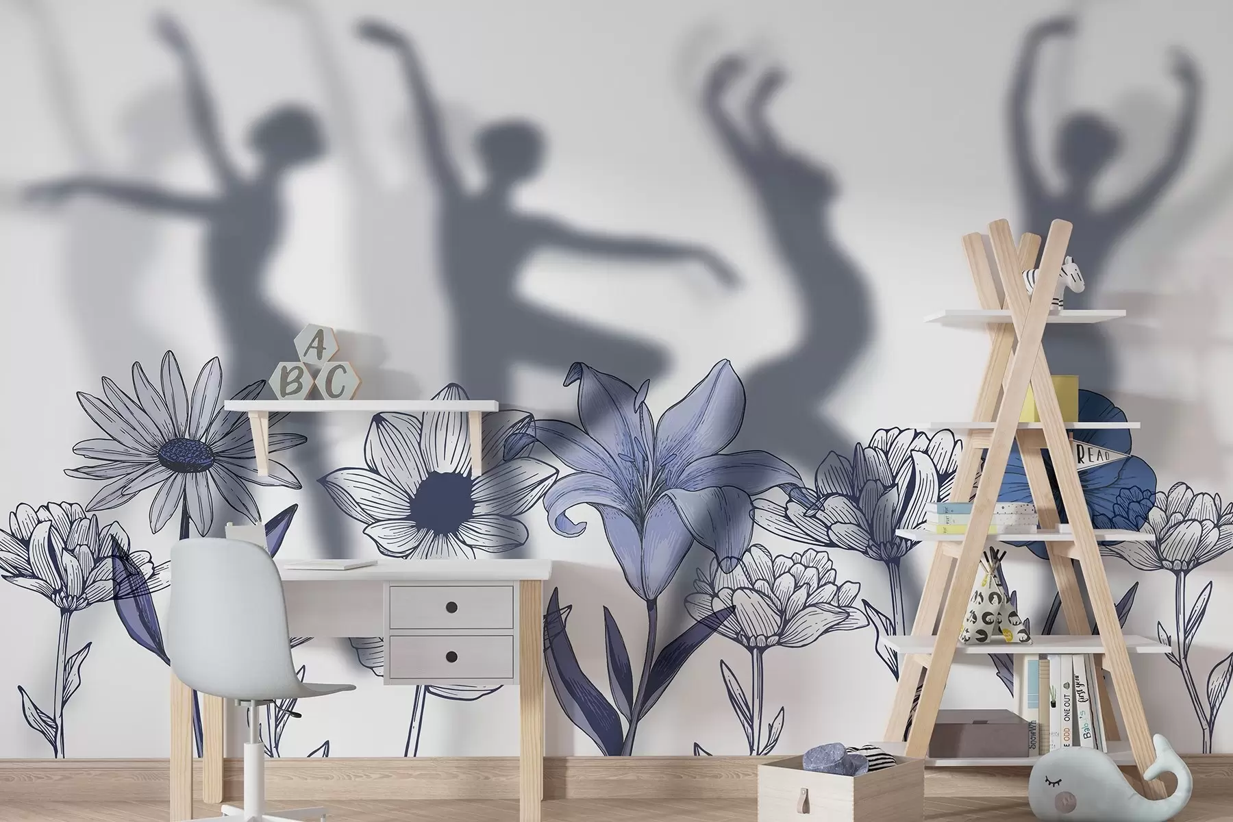 wall murals Ballerinas silhouettes, rustic flowers, line art, blue colors w04069v3