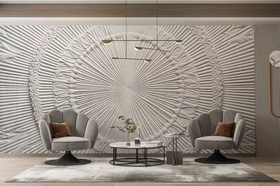 wall murals Abstract textured circular print with radial lines and decorative elements, symmetrical design, relief texture w09154