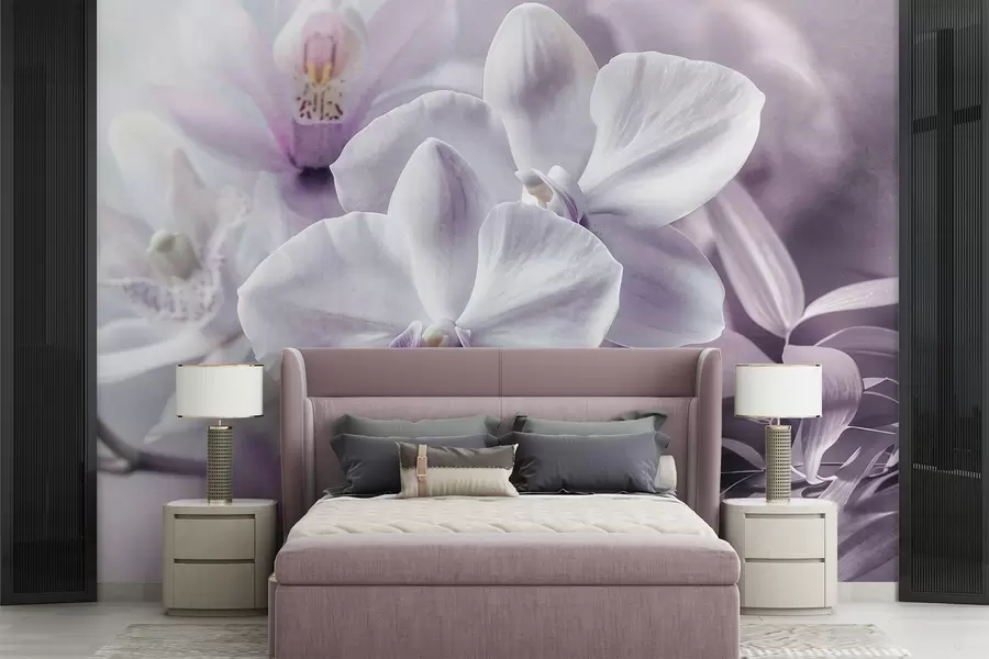 wall murals White and lilac delicate orchid flowers, soft lighting, and a blurred textured background w09155