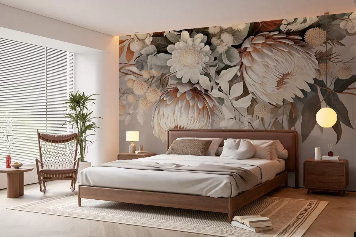 wall murals Large textured protea with brown accents, white daisies and yellow flowers, beige muted background w09157