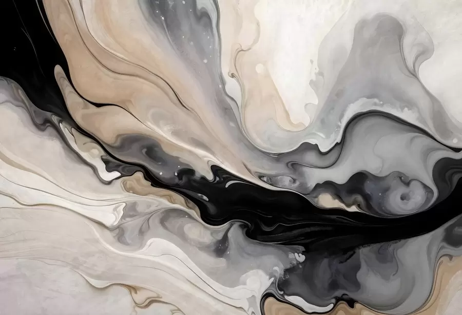 wall murals Abstract fluid textured painting in shades of black, white, gray, and beige marble imitation w09160