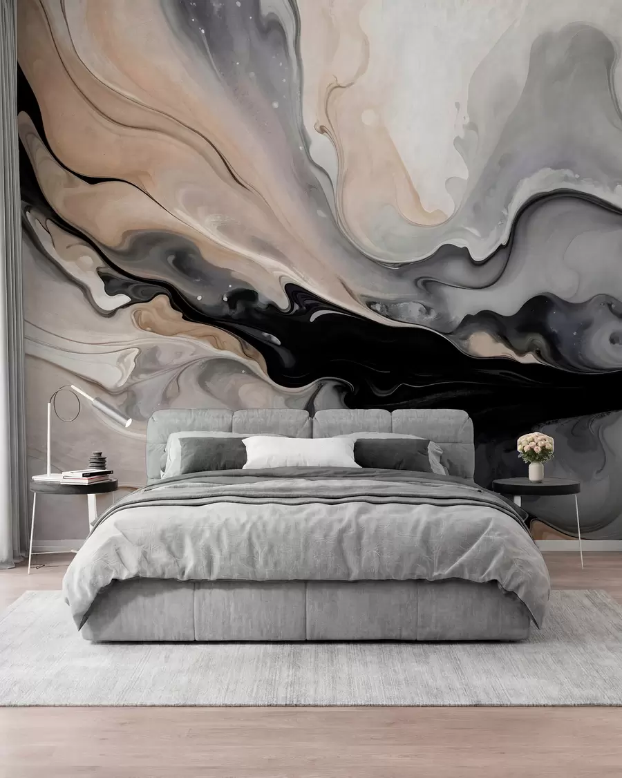 wall murals Abstract fluid textured painting in shades of black, white, gray, and beige marble imitation w09160