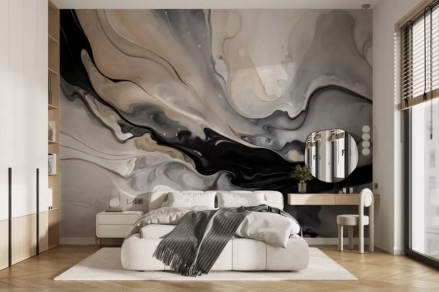 wall murals Abstract fluid textured painting in shades of black, white, gray, and beige marble imitation w09160