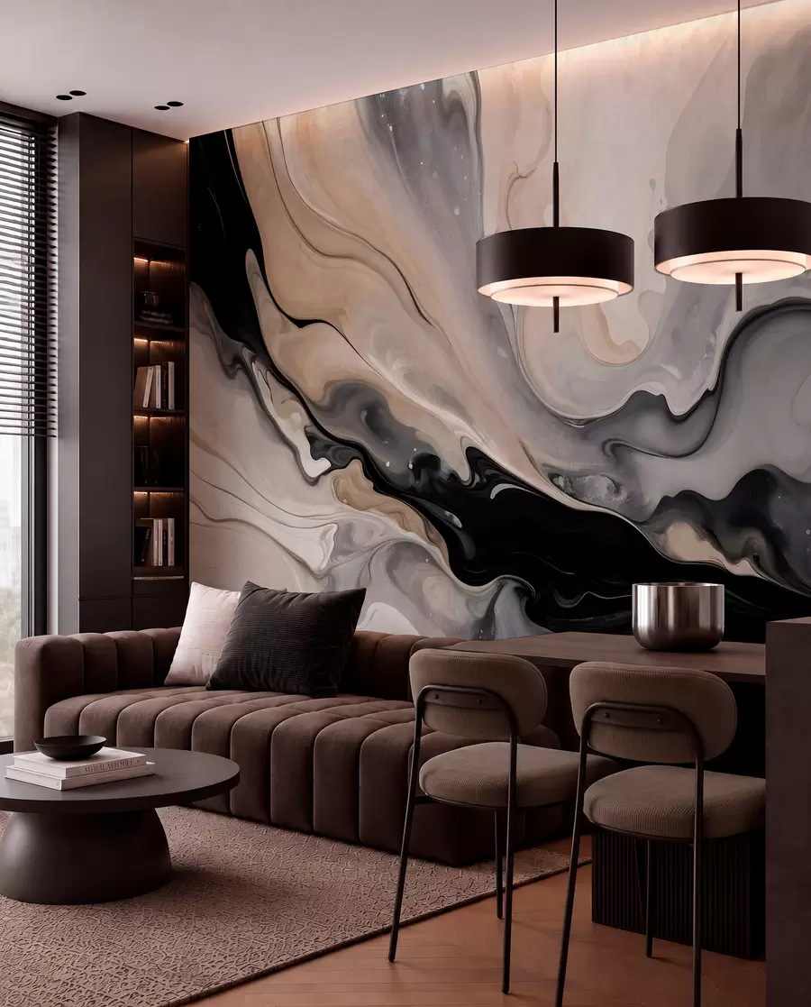 wall murals Abstract fluid textured painting in shades of black, white, gray, and beige marble imitation w09160