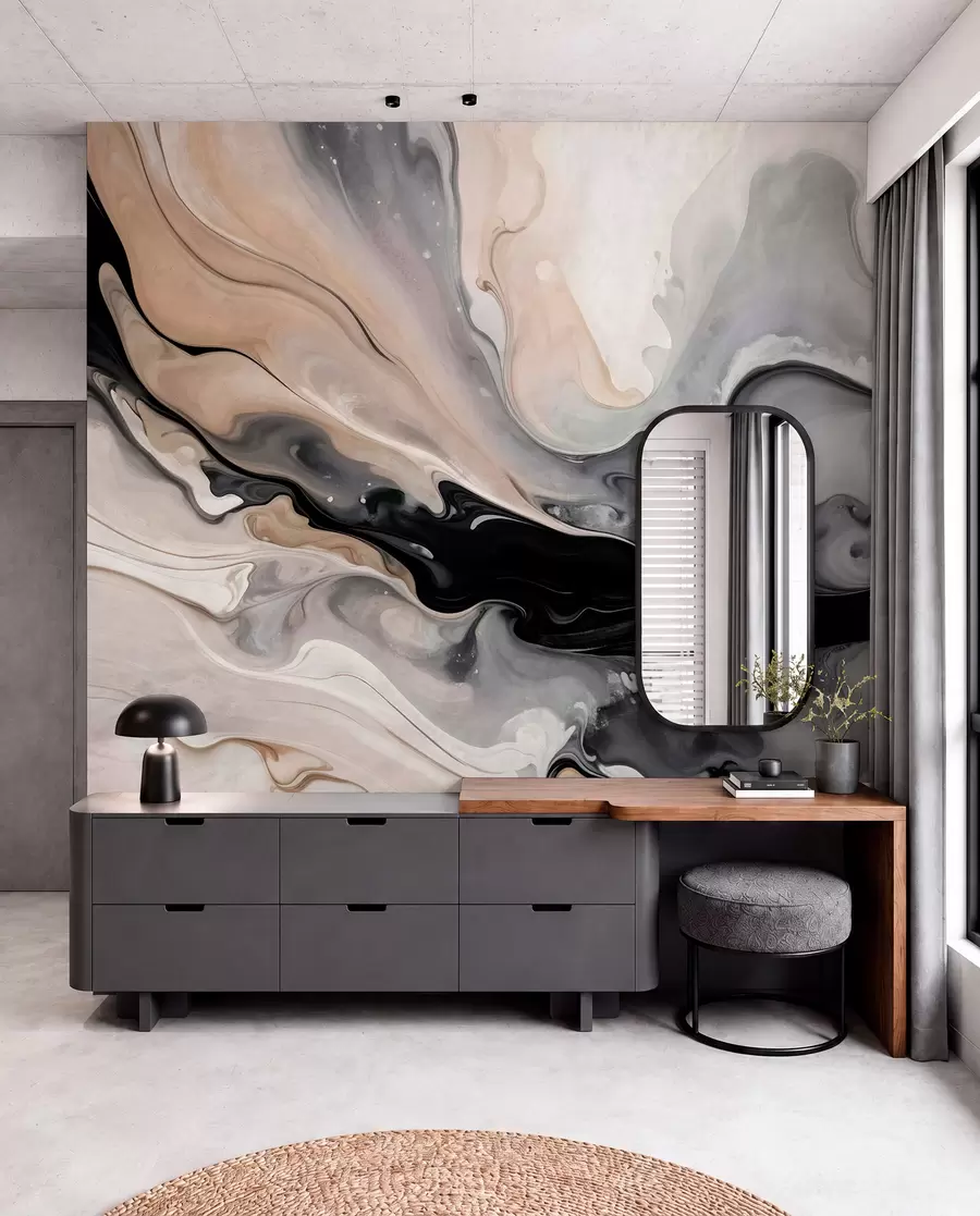 wall murals Abstract fluid textured painting in shades of black, white, gray, and beige marble imitation w09160