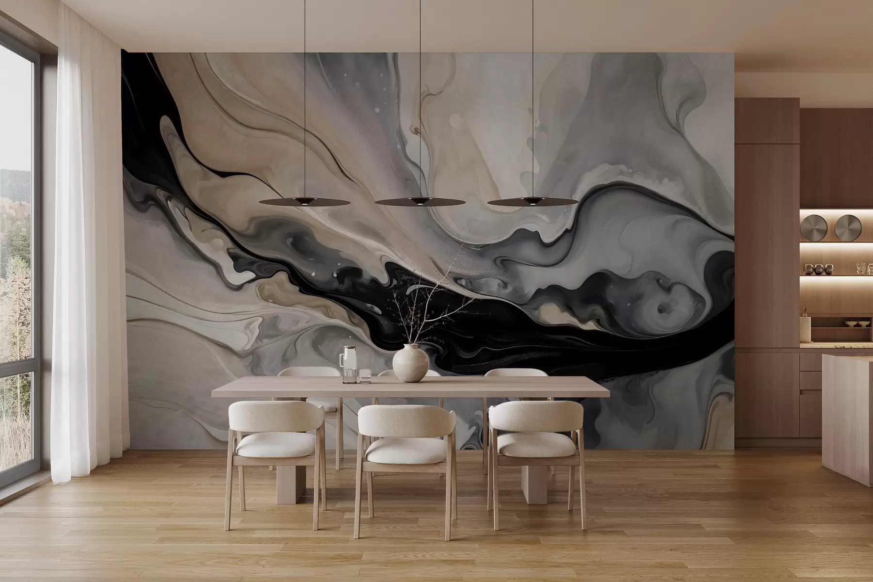 wall murals Abstract fluid textured painting in shades of black, white, gray, and beige marble imitation w09160