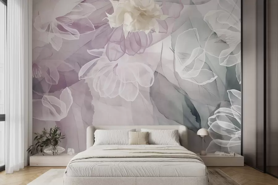 wall murals Flowers and leaves with transparent petals in shades of white, pink and green, soft and delicate w09158v1