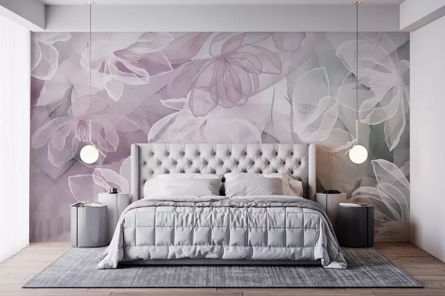 wall murals Flowers and leaves with transparent petals in shades of white, pink and green, soft and delicate w09158v1