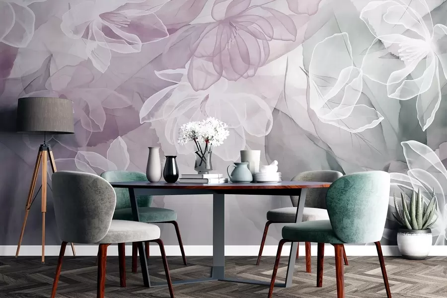 wall murals Flowers and leaves with transparent petals in shades of white, pink and green, soft and delicate w09158v1