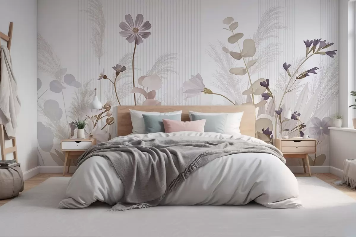 wall murals Flowers in pastel colors, light brown leaves, white background with vertical lines, elegant and minimalist w09161