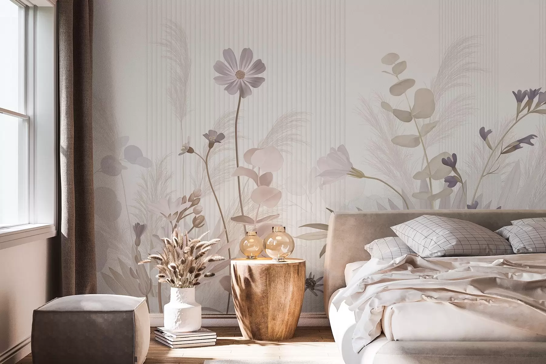 wall murals Flowers in pastel colors, light brown leaves, white background with vertical lines, elegant and minimalist w09161