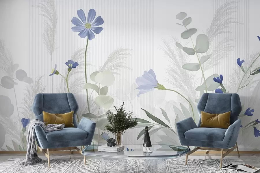 wall murals Flowers in pastel colors, light green leaves, white background with vertical lines, elegant and minimalist w09161v1