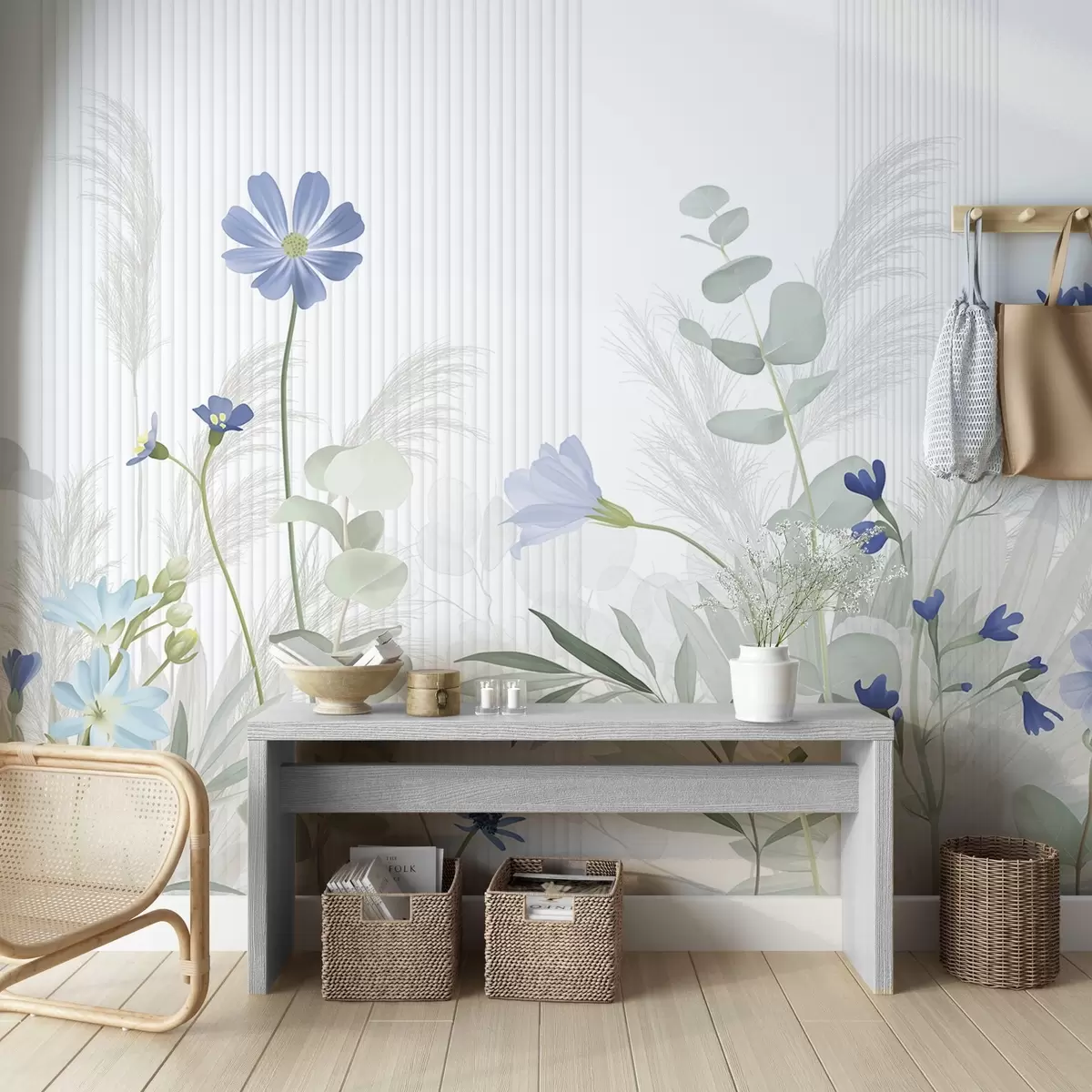 wall murals Flowers in pastel colors, light green leaves, white background with vertical lines, elegant and minimalist w09161v1