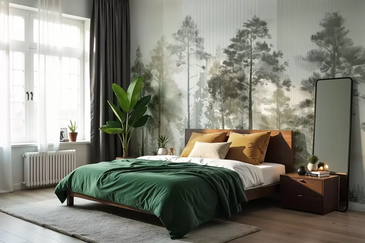 wall murals A dense forest with tall pine trees, lush green foliage, a misty atmosphere with vertical lines textures w09163