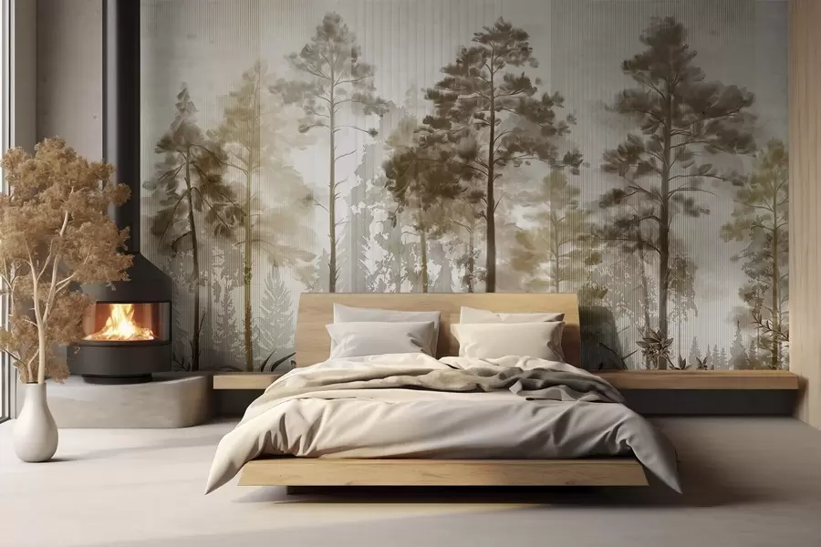 wall murals A dense forest with tall pine trees, lush beige foliage, a misty atmosphere with vertical lines textures w09163v1