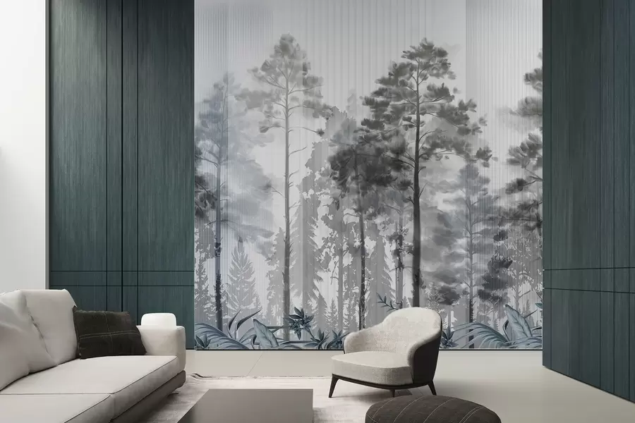 wall murals A dense forest with tall pine trees, lush gray foliage, a misty atmosphere with vertical lines textures w09163v2