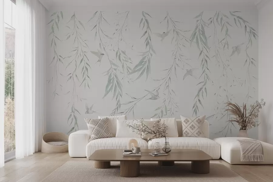 wall murals Twigs with green leaves hanging and birds w04052