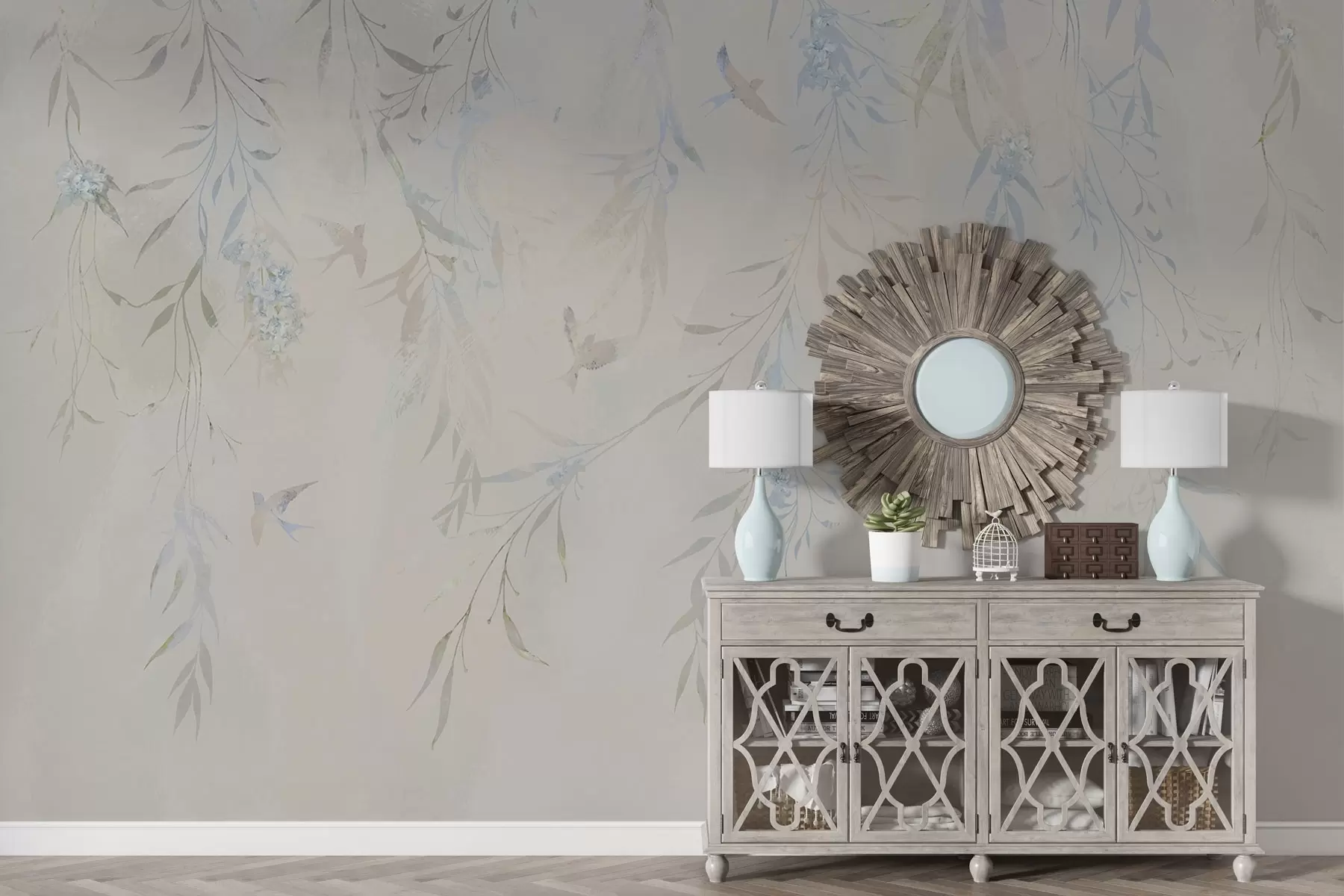 wall murals Branches with hanging leaves and birds w04053